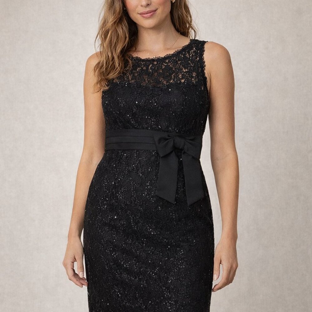 Tahari Black Lace Sequin Bow Cocktail Dress Sz 2